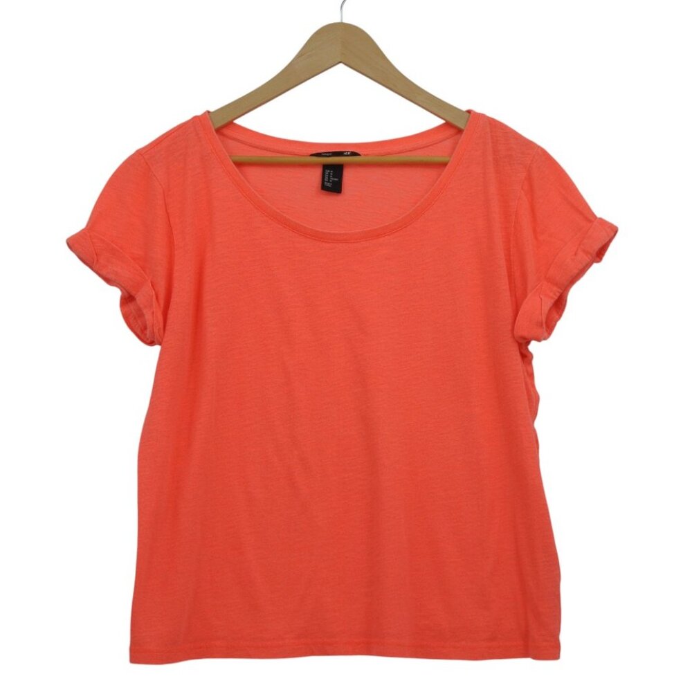 H&M Basic Neon Coral Rolled‑Sleeve Tee –‎ 100% Cotton (M)